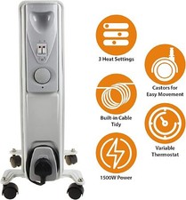 Oil Filled Radiator Heater With Thermostat And Wheels 1500W Daewoo 7 Fin - White