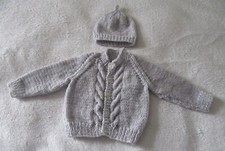 Hand knitted cable patterned cardigan and hat set in soft grey new born baby boy