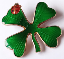 David Andersen Gilt Silver & Guilloche Enamel Clover Ladybug Brooch Shamrock Pin