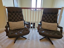 2 Danish Mid Century Leather Swivel Armchairs Retro Vintage 50s 60s 70s
