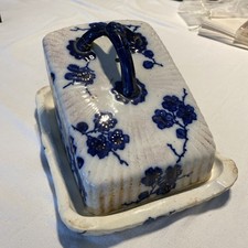 Antique Cheese Keeper Dome Dish Blue White & Gold. Hand Painted Floral Design