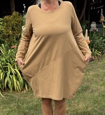 Made In Italy Lagenlook Boho Balloon Cocoon Tulip Tunic Dress Tan Up To Size 18.