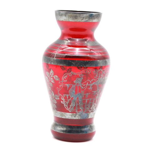 Red glass vase - , silver