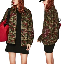 NWOT ZARA TRAFALUC Outerwear Jacket, Green Studs Army Military Utility Camo, XS