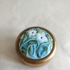 Stuart Houghton Paperweight Ceramic Floral  Disc with Solid Brass  Base Vintage