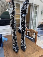 Topshop Silver Sequin Over the Knee Heel Boots, size 4