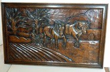 Vintage Hand Carved 3D Wood Panel Wall Art Decor Horse Plough Relief 61x38cm OAK