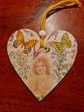 Shabby chic Hand Decorated floral  & cherub Hanging wooden heart 10x10cm gift