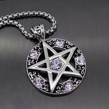 Celtic Wicca Pentacle Pentagram Star Purple CZ Stones Stainless Steel Pendant