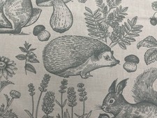 Forest  Toile Hedgehog & Hare SEA SPRAY WHITE Linen Curtain Upholstery Fabric