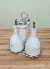 White Ceramic Condiment Set In Metal Holder - Salt, Pepper, Oils, Vinegar