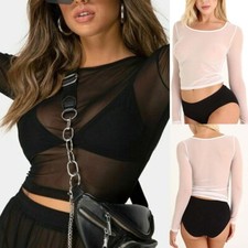 Women Sheer Mesh Fishnet Crop Tops Ladies Long Sleeve/See Through T-Shirt Blouse