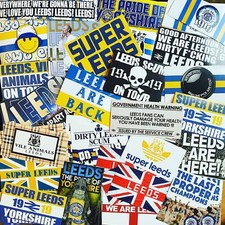100 x Leeds United Ultra Stickers based on Programme Scarf Pin Badge Premier