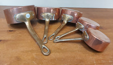 Vintage French set of 5 copper mini pans with brass handles, mini saucepans