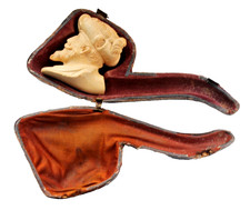 Antique Victorian Carved Meerschaum Pipe in Case c.1860 Tudor Bearded Man's Head