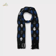 Alexander McQueen Skull-Printed Wool Scarf Black Blue Fringed Unisex Italy