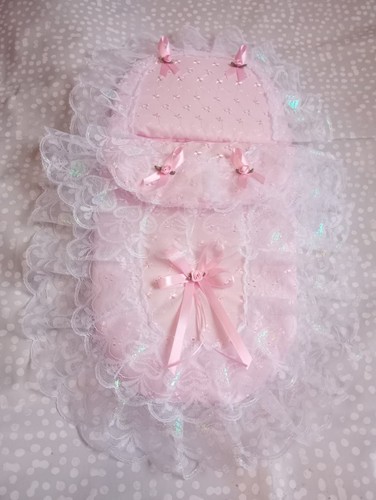 Dolls pram set - pink, broderie