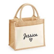 Personalised Jute Bag Heart Lunch Tote Bag Kids Adults Reusable Shopping Bag Her