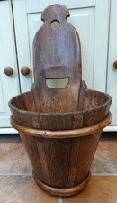 Antique  coopered grain bucket, kitchen storage with handle, planter, log bin