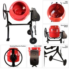 Excel 140L Portable Electric Concrete Cement Mixer 230V/550W with Wheels