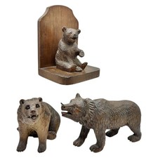 ANTIQUE *BLACK FOREST* BEARS CARVED WOOD BOOKEND + 2 FIGURES GROUP LOT