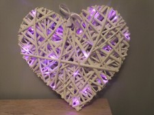 WICKER RATTAN HEART - SHABBY CHIC - OFF WHITE  WITH PINK LED LIGHTS