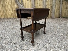 Vintage Carved Oak Old Charm Drop Leaf Tea Wheeled Trolley Side Occasional Table