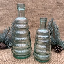 Vintage Aqua Glass Beehive Bottles x2 Ribbed Salad Oil Relish Jars Antique