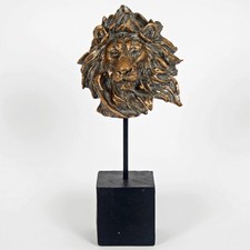 39cm Antique Lion Head Bust On Stand Metal Lion Sculpture Brass Black Sculpture