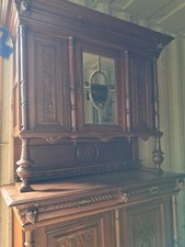 French Antique HENRI II Style Ornately Carved Buffet Dresser with Mirror-Gd Cond
