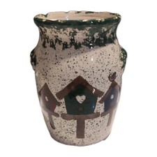 Stoneware Crock Utensil Holder Jar Vase White Birdhouse Country Charm Pattern 6"