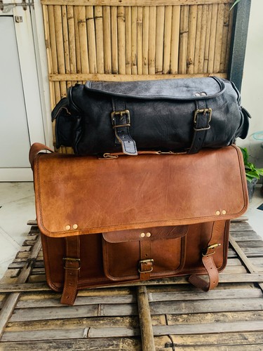 Brown leather messenger - leather,