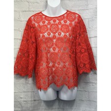 Zara Woman Red Lace Blouse Size L Fits 12 3/4 Bell Sleeve Sheer See Through BNWT