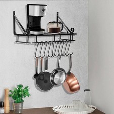 Wall Kitchen Shelf Utensil Hanging Pot Rack Saucepan Pan Organiser Hanger +Hooks