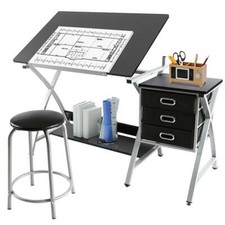 Drafting Table with Stool & Three Drawers Adjustable Height Tiltable Tabletop