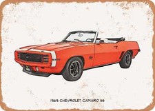 Classic Car Art - 1969 Chevy Camaro SS Pencil Sketch - Rusty Look Metal Sign 2