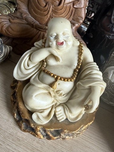 Laughing buddha white and gold - buddha,
