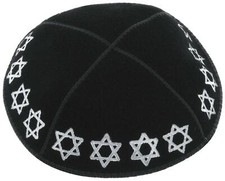 Suede Kippah Silver Foil Embossed Stars of David Around Rim Black