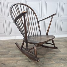 Vintage Mid Century Ercol Rocking Windsor Chair Dark Wood Rocker Retro Armchair