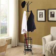 Metal Coat Stand Rack Free Standing Hall Tree Coat Hanger with Umbrella Holder