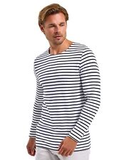 Mens Long Sleeve T Shirt Wide Neckline Breton Striped 100% Cotton Casual Tee Top