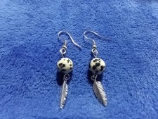 Dalmation Jasper Bead Feather Drop Stainless Steel Hook Earrings