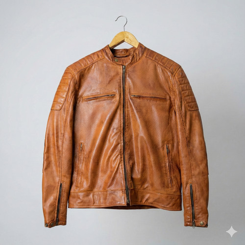 Men tan leather jacket cafe - men's,