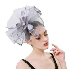 STUNNING SILVER GREY CRINOLINE AND FEATHER FASCINATOR ON HEADBAND, SPRING RACES