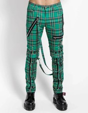 Men's Green Tartan Plaid Pants Punk Gothic Slim Fit Checkered Casual Trousers