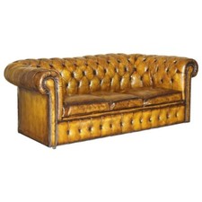 SUPER RARE FULLY RESTORED VINTAGE CIGAR BROWN LEATHER CHESTERFIELD SOFA BED