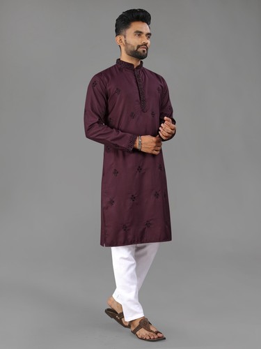 Men wine embroidered kurta - men's,