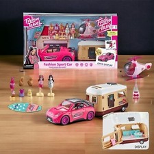 17 Pcs Kids Barbie Dream Camper Van PlaySet Toys With Sports Car Helicopter Etc