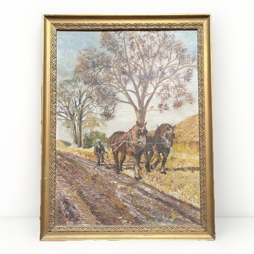 Horses ploughing textured oil - ploughing,