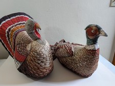 Vintage Pair Handmade Stuffed Fabric Turkey & Pheasant Thanksgiving Fall Decor